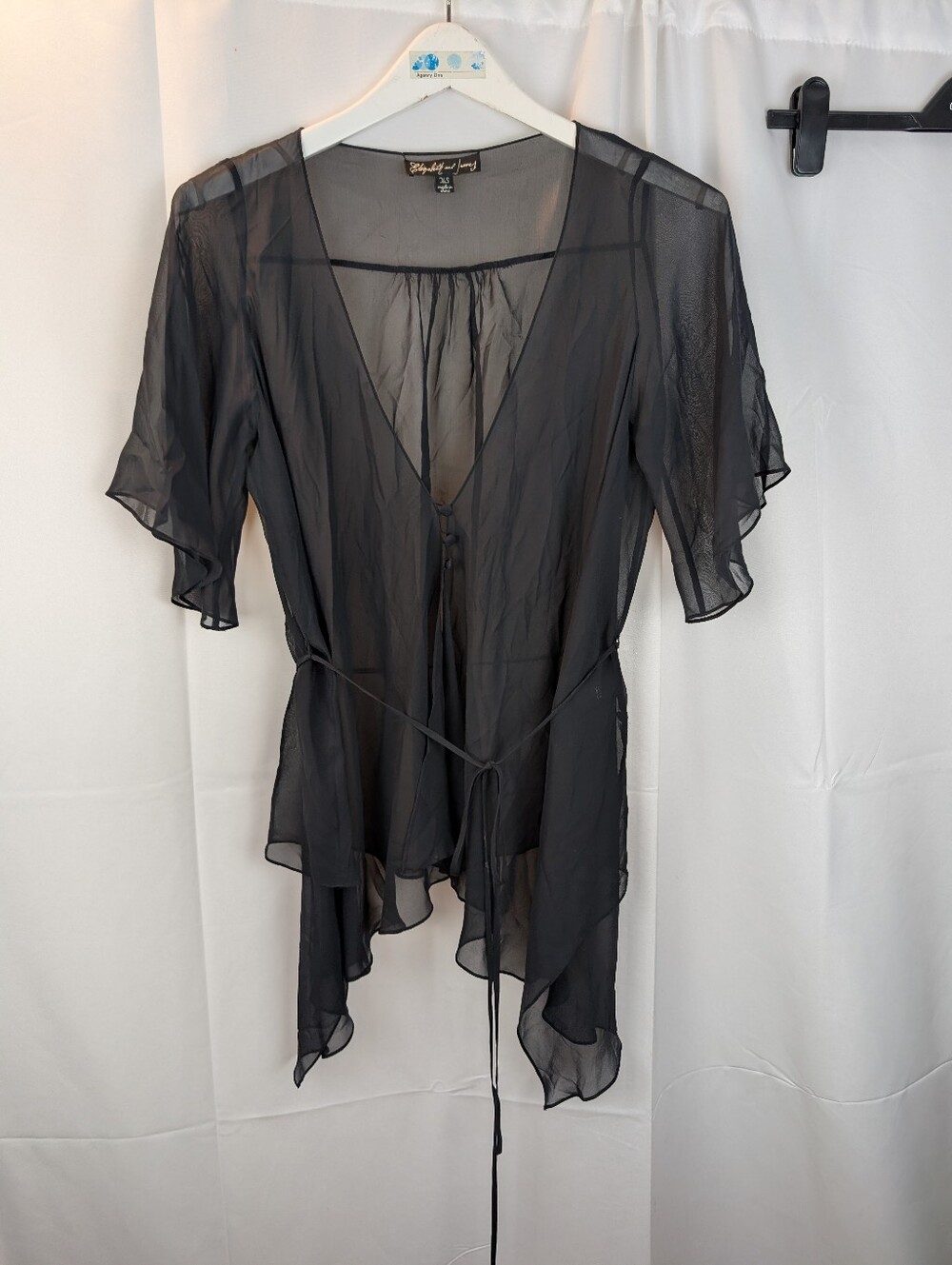Elizabeth and James Black Sheer Silk Chiffon Blouse Tunic Flutter Sleeve XS
